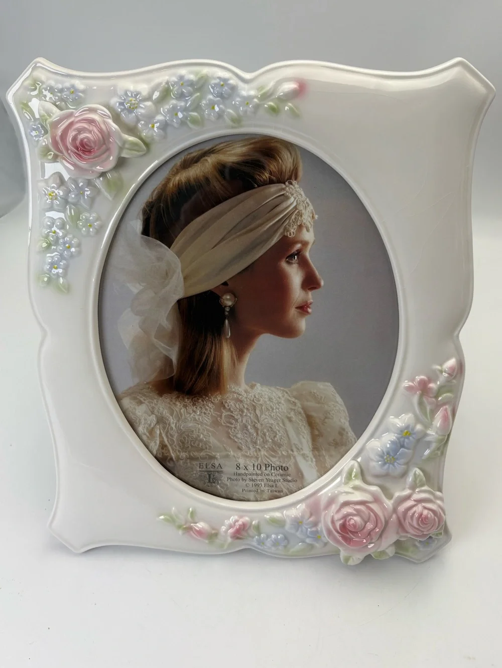 Gorgeous Vintage ELSA White Ceramic Picture Frame with Pink Rose Accents - 8x10